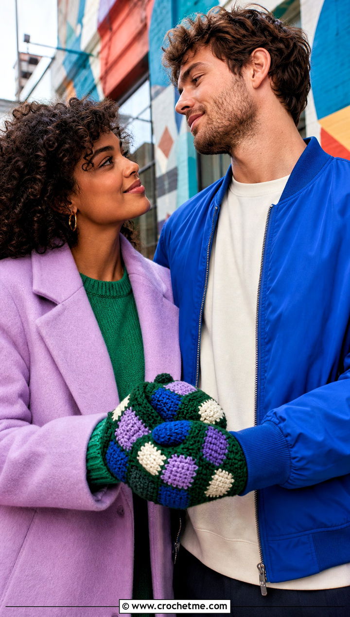 Patchwork Couple Mittens With Maximalist Outfits - 25 crochet couple mittens outfit ideas