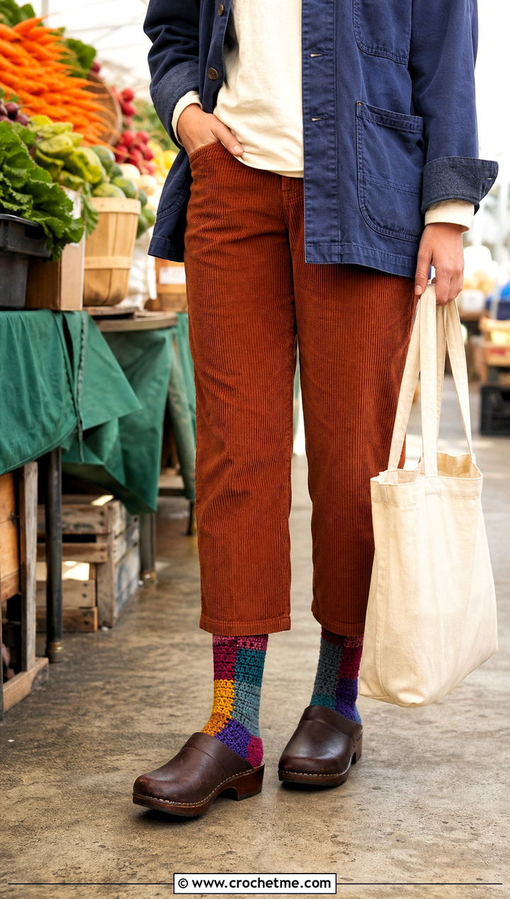 Patchwork Crew Crochet Wool Socks With Corduroy Pants - 30 Crochet Wool Socks outfit ideas