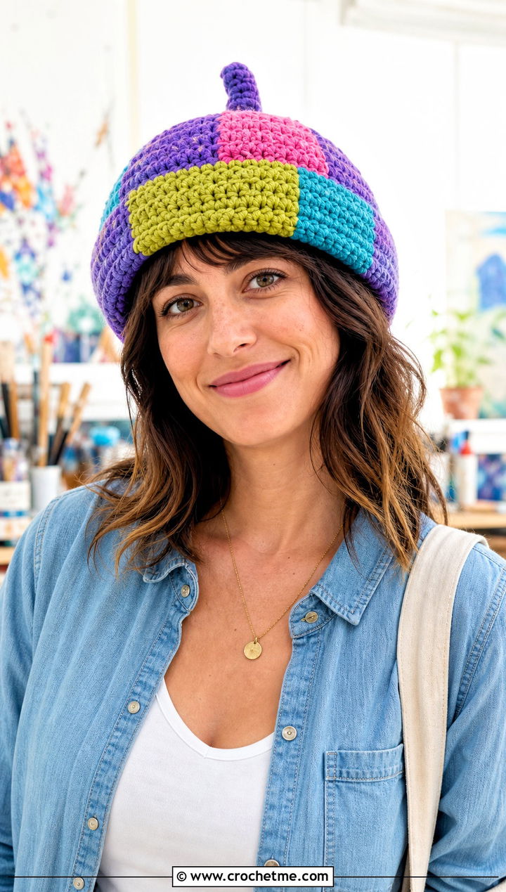 Patchwork Crochet Acorn Hat With Denim Shirt - 30 crochet acorn hat outfit ideas