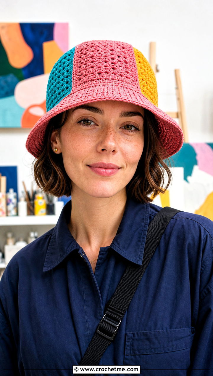 Patchwork Crochet Adult Bucket Hat With Utility Jumpsuit - 25 crochet adult bucket hat outfit ideas