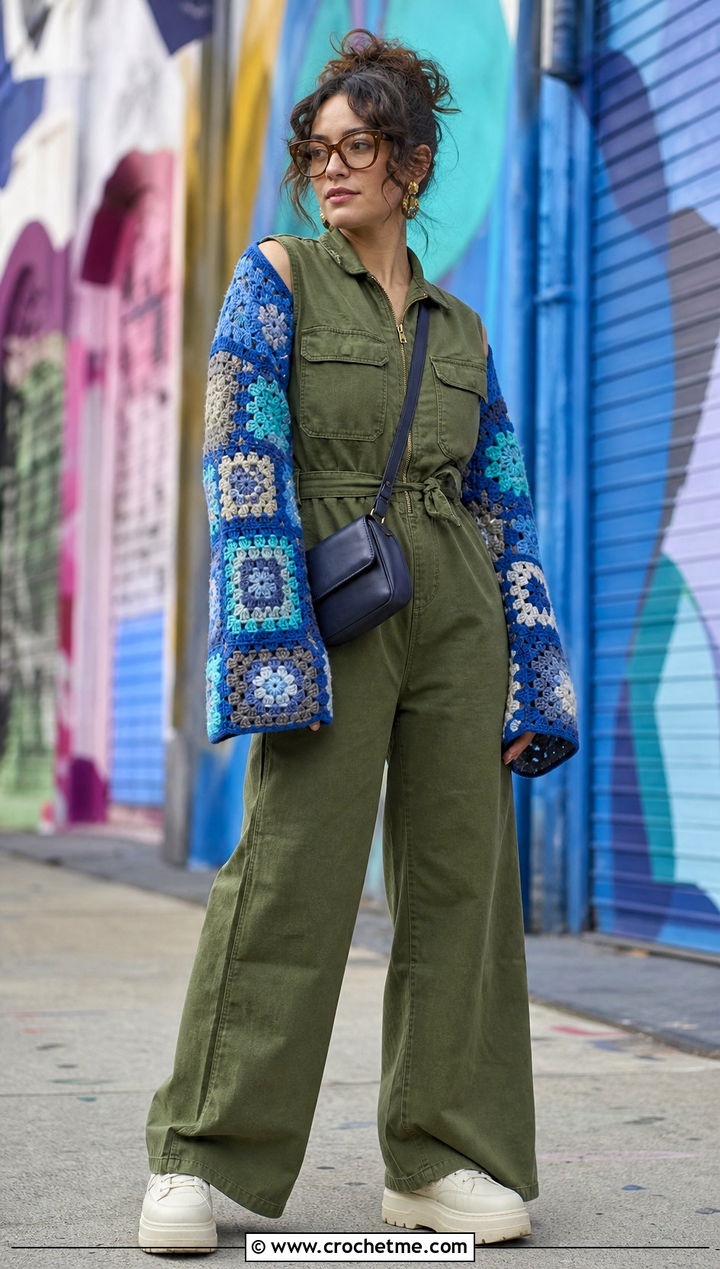 Patchwork Crochet Arm Shrug With Utility Jumpsuit - 25 Crochet Arm Shrug outfit ideas