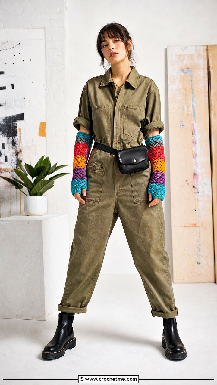 Patchwork Crochet Arm Warmers With Boiler Suit - 35 crochet arm warmers outfit ideas