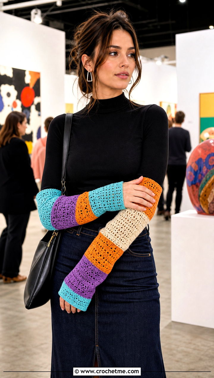Patchwork Crochet Arm Warmers With Denim Maxi Skirt - 25 Crochet Arm Warmers Aesthetic outfit ideas