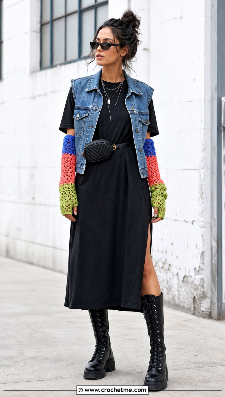 Patchwork Crochet Arm Warmers With T Shirt Dress - 35 crochet hand warmer outfit ideas