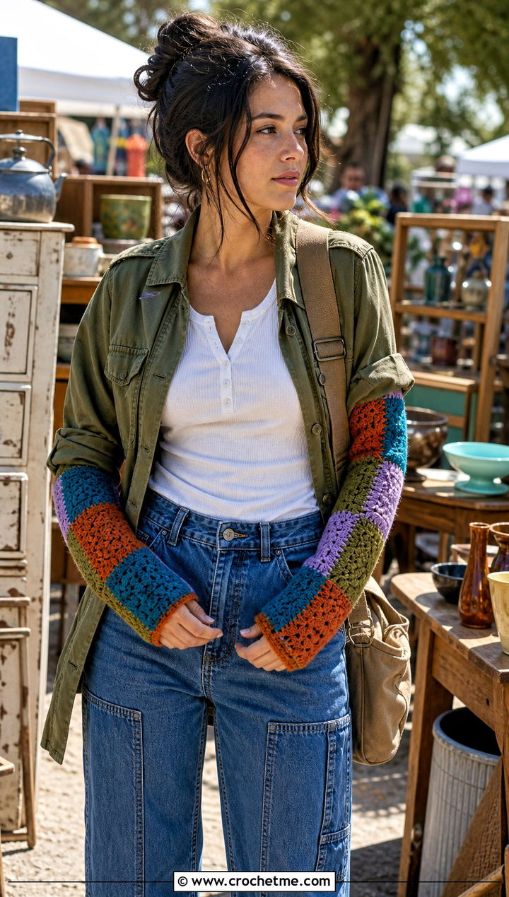 Patchwork Crochet Arm Warmers With Utility Jacket - 15 crochet arm warmers vintage-styled outfit ideas
