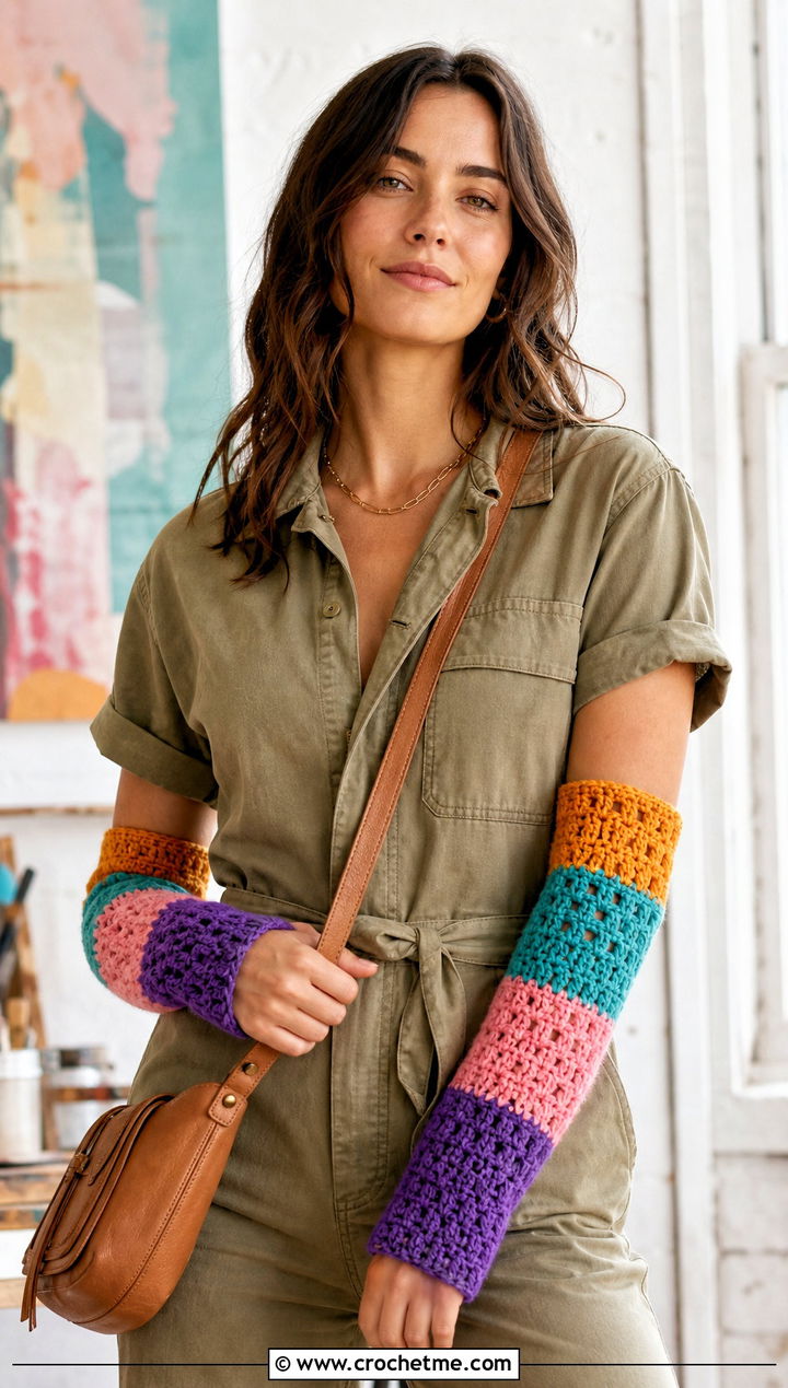 Patchwork Crochet Arm Warmers With Utility Jumpsuit And Sneakers - 25 Crochet Arm Warmer outfit ideas