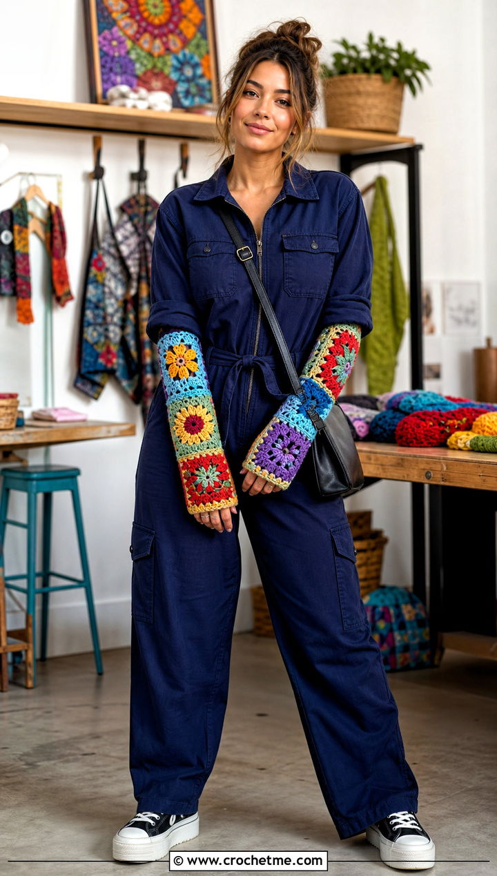 Patchwork Crochet Arm Warmers With Utility Jumpsuit - 25 Easy Crochet Arm Warmers outfit ideas