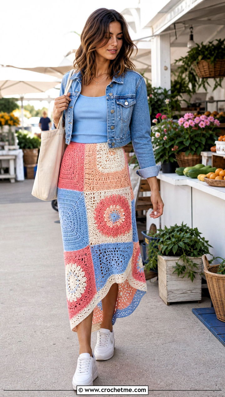 Patchwork Crochet Asymmetrical Skirt With Denim Jacket - 30 Crochet Asymmetrical Skirt outfit ideas