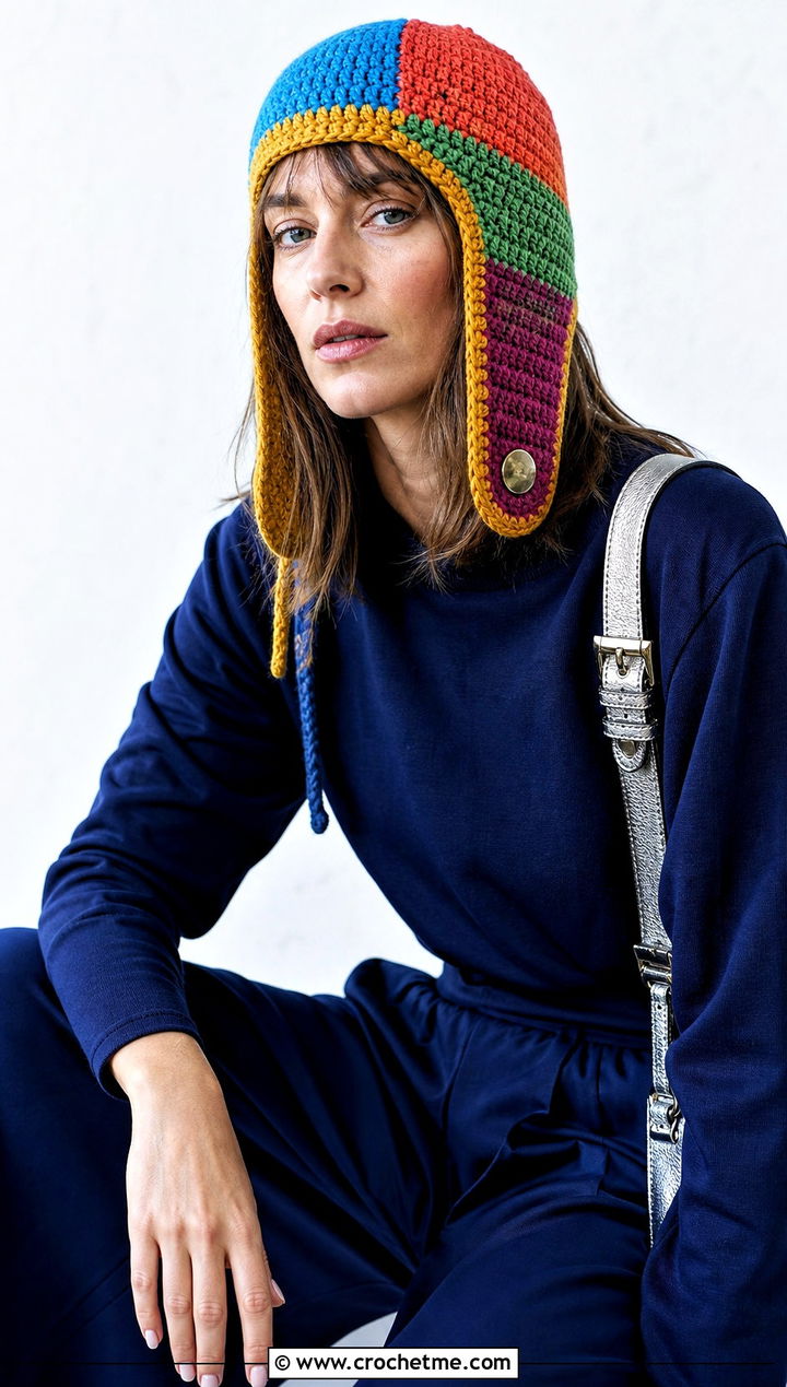 Patchwork Crochet Aviator Hat With Monochrome Outfit - 30 crochet aviator hat outfit ideas