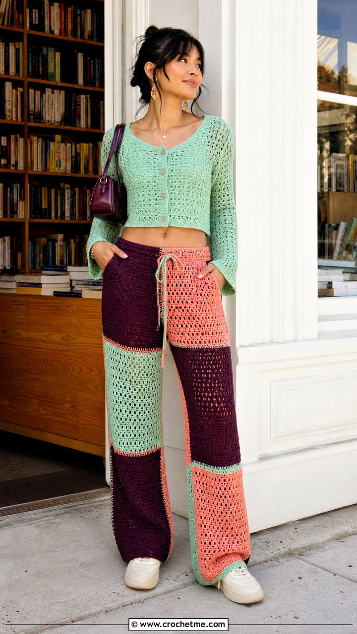 Patchwork Crochet Baggy Pants With Cropped Cardigan - 35 crochet baggy pants outfit ideas