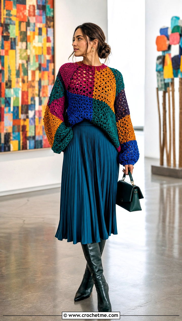 Patchwork Crochet Baggy Sweater With Pleated Midi Skirt - 30 crochet baggy sweater outfit ideas