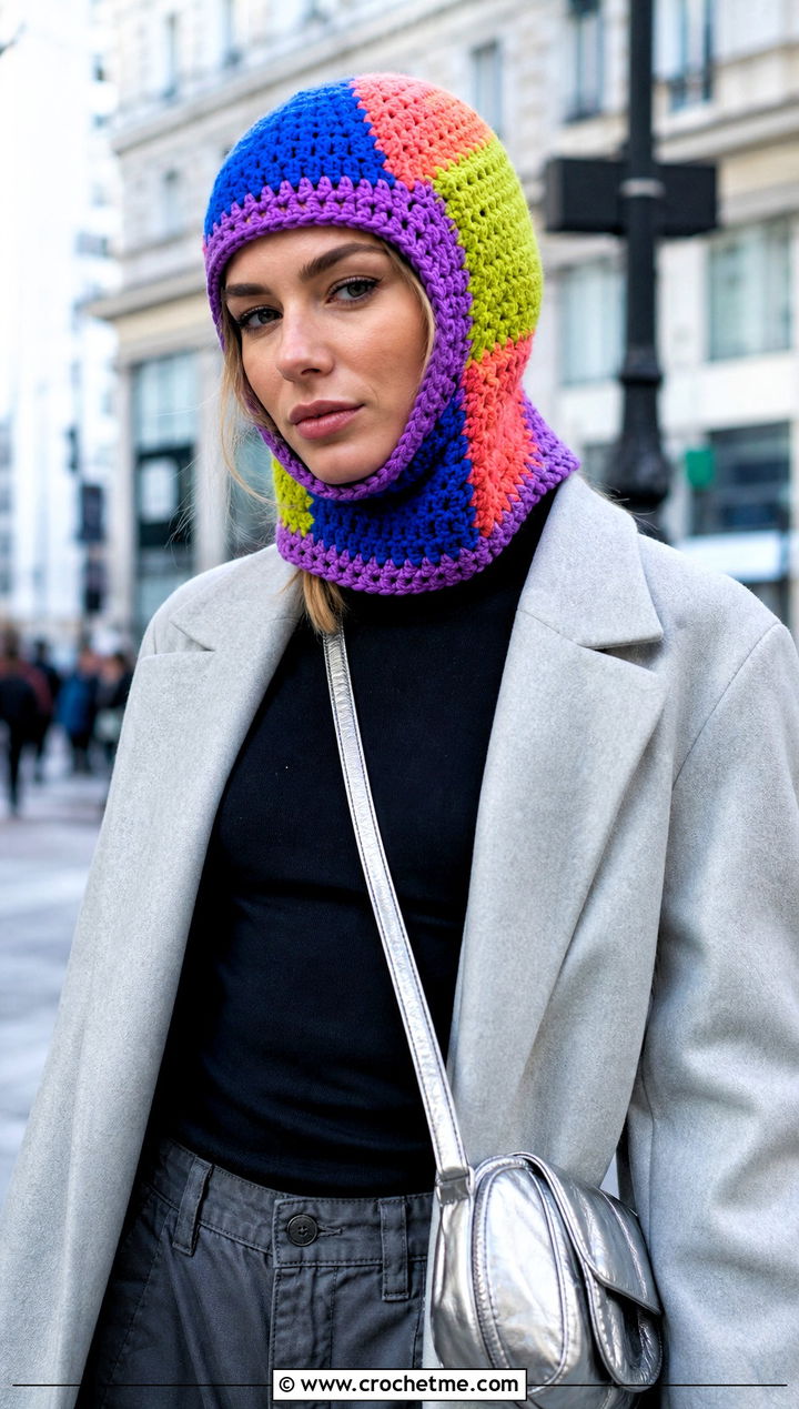 Patchwork Crochet Balaclava Hat With Cargo Pants - 20 Kawaii Crochet Hat outfit ideas