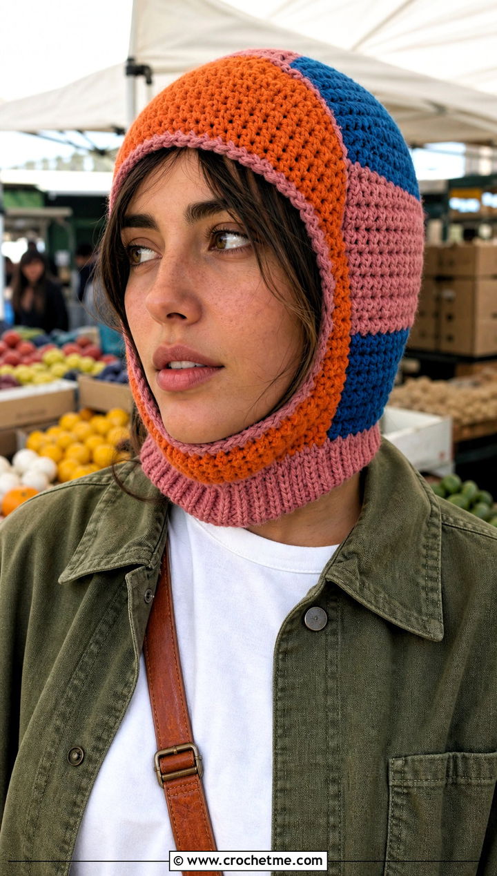 Patchwork Crochet Balaclava Hat With Workwear Jacket - 25 crochet balaclava hat outfit ideas