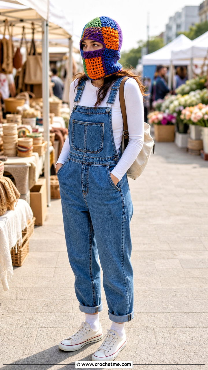 Patchwork Crochet Balaclava With Denim Overalls And Sneakers - 35 crochet balaclava outfit ideas