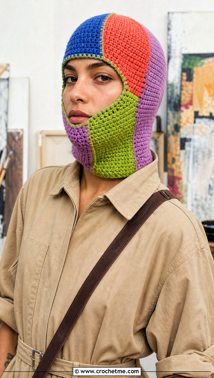 Patchwork Crochet Balaclava With Utility Jumpsuit - 25 easy crochet balaclava outfit ideas