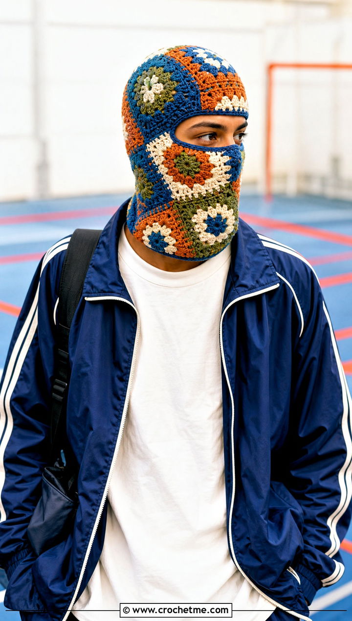 Patchwork Crochet Balaclava With Vintage Sportswear - 30 crochet balaclava for men outfit ideas
