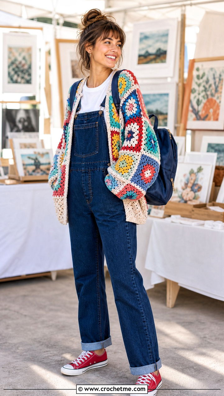 Patchwork Crochet Balloon Sleeve Cardigan With Denim Overalls - 30 crochet balloon sleeve cardigan outfit ideas