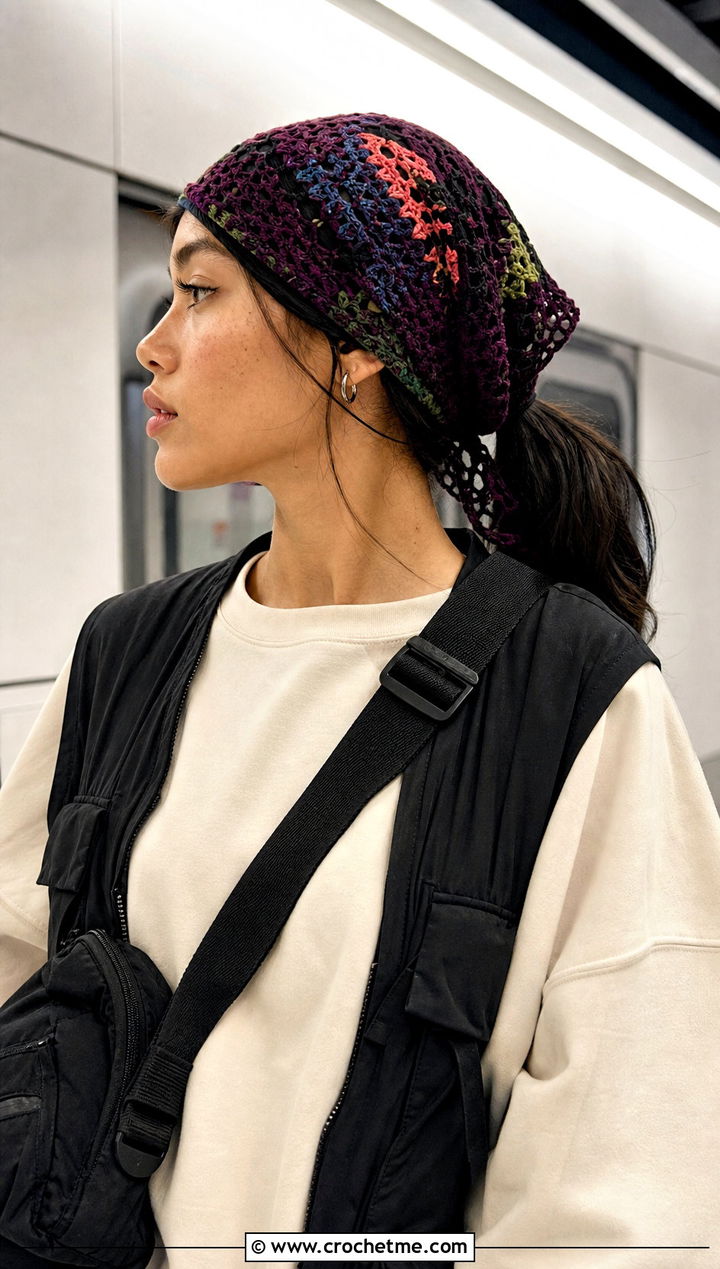 Patchwork Crochet Bandana With Neutral Streetwear - 25 crochet bandana hair scarf outfit ideas