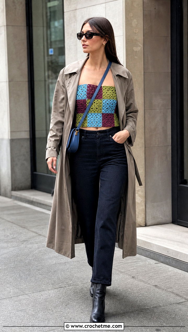 Patchwork Crochet Bandeau Top With A Trench Coat - 30 crochet bando top outfit ideas