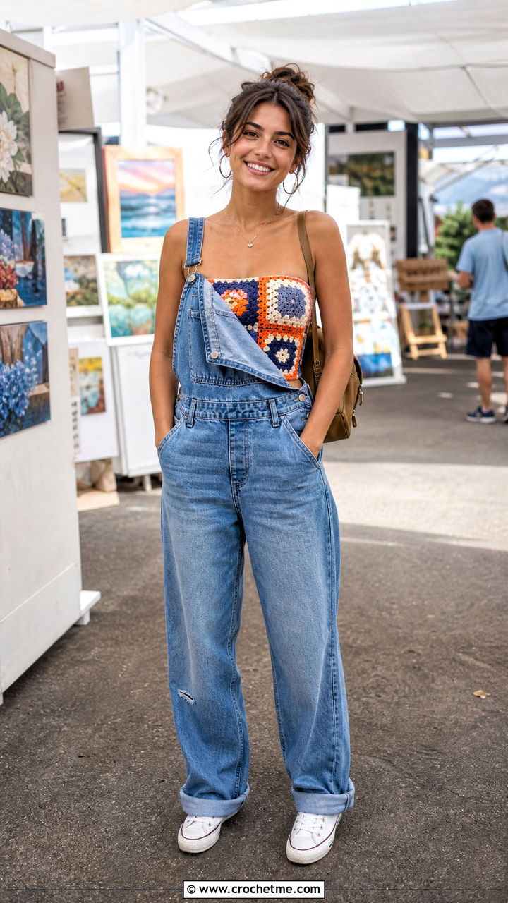 Patchwork Crochet Bandeau Top With Denim Overalls - 35 crochet bandeau top outfit ideas