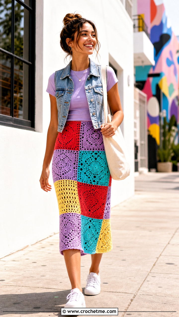 Patchwork Crochet Barbie Skirt With White Sneakers - 25 Crochet Barbie Skirt outfit ideas
