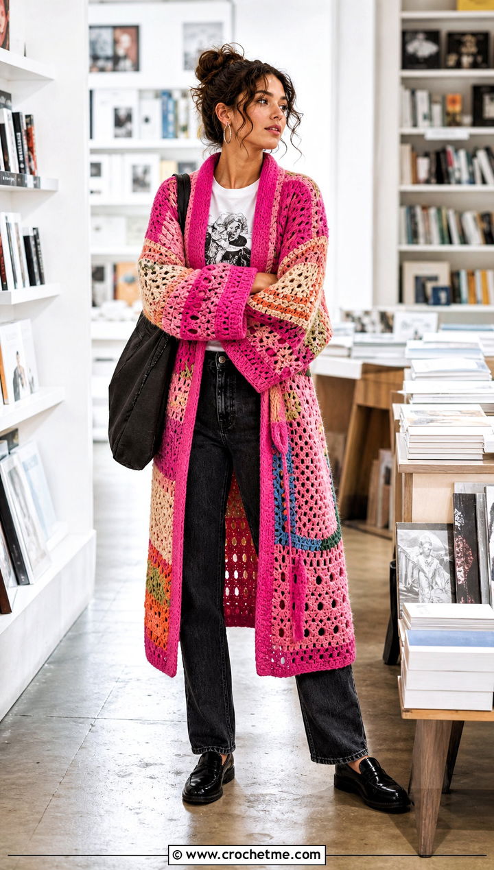 Patchwork Crochet Bathrobe With Graphic T Shirt - 30 crochet bathrobe outfit ideas