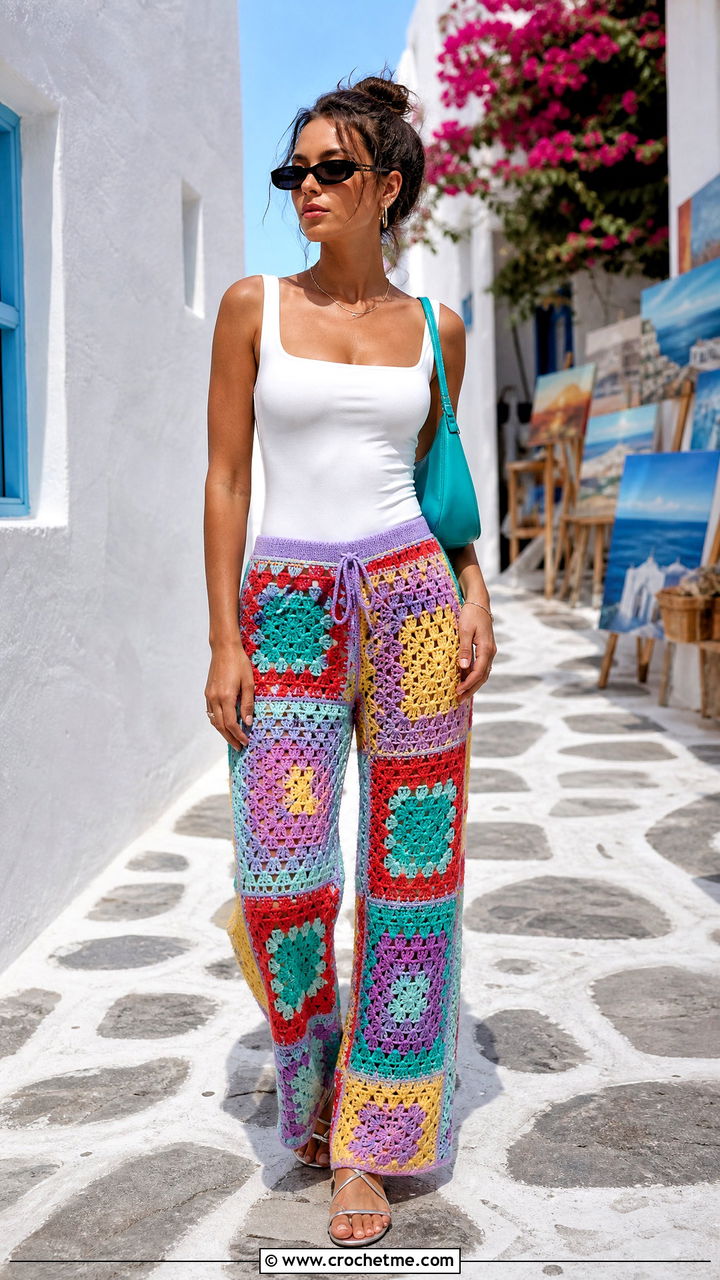 Patchwork Crochet Beach Pants With Fitted Bodysuit - 35 crochet beach pants outfit ideas