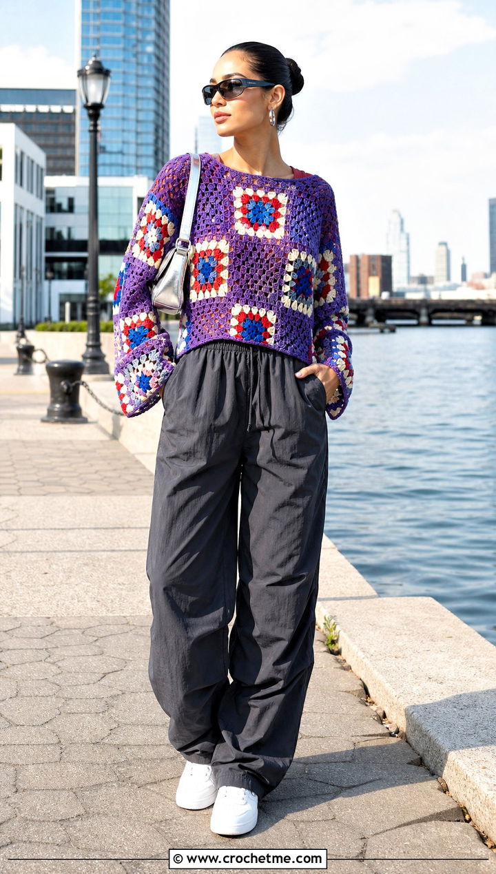 Patchwork Crochet Beach Sweater With Parachute Pants - 25 Crochet Beach Sweater outfit ideas