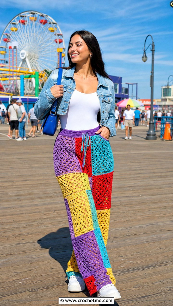 Patchwork Crochet Beach Trousers With Denim Jacket - 25 Crochet Beach Trousers outfit ideas