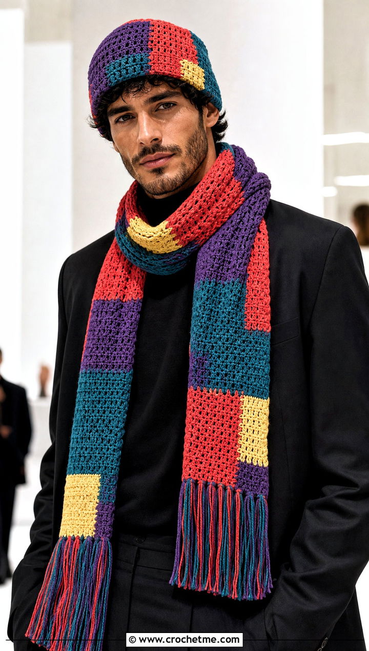 Patchwork Crochet Beanie And Fringe Scarf With Black Tailoring - 20 Crochet Mens Hat And Scarf outfit ideas