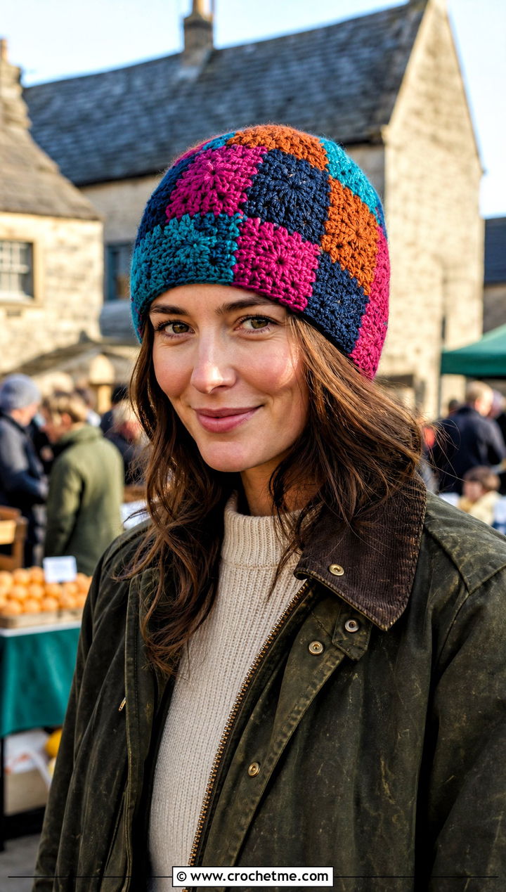 Patchwork Crochet Beanie With Barn Jacket - 30 winter crochet beanie outfit ideas