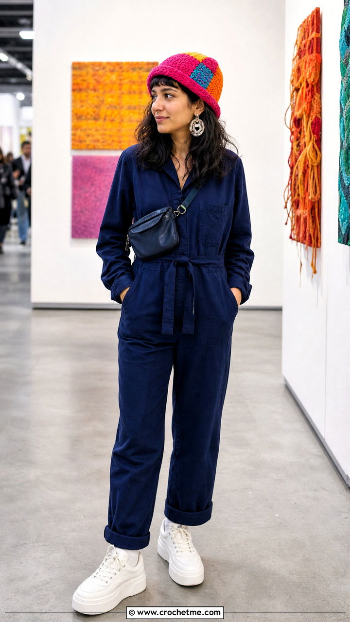Patchwork Crochet Beanie With Boiler Suit - 35 aesthetic crochet beanie outfit ideas
