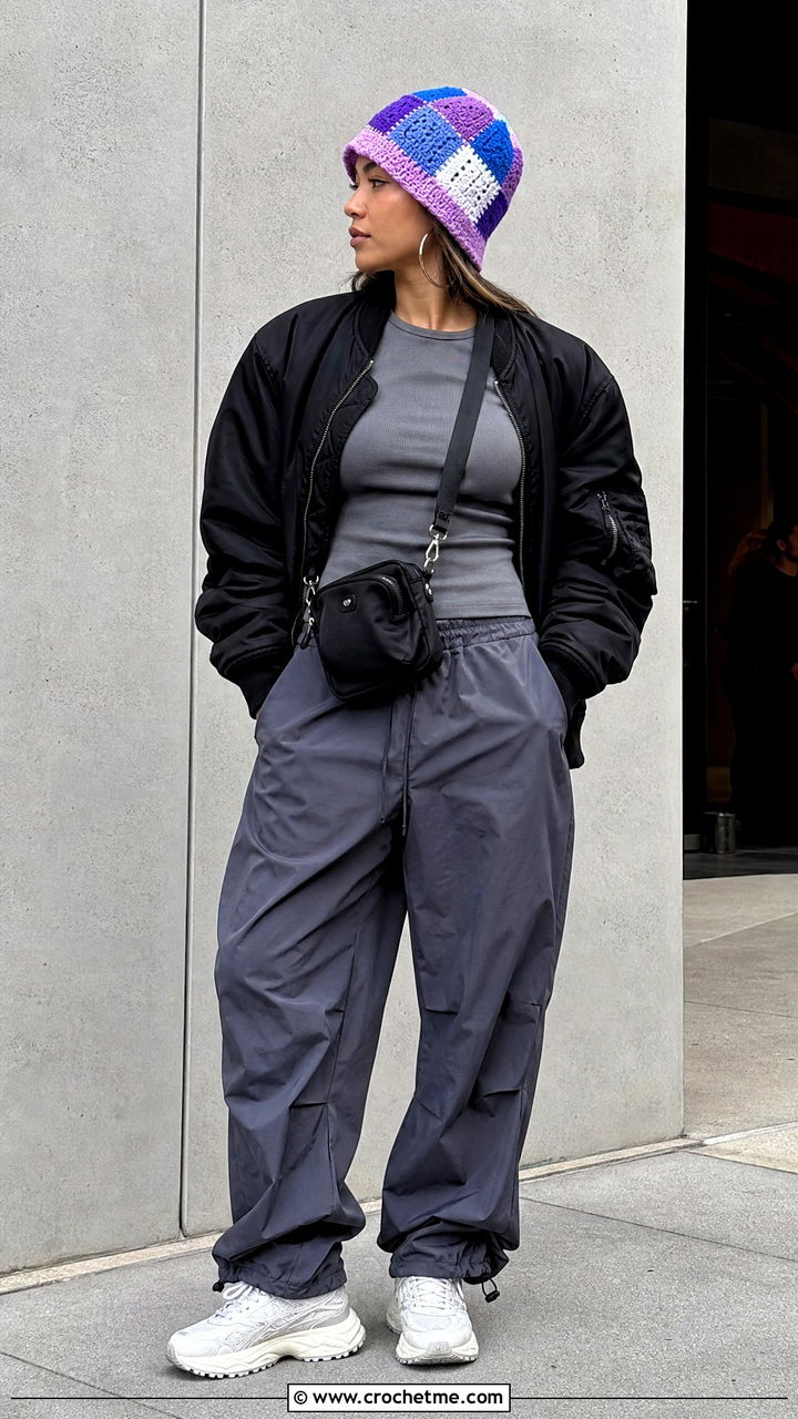 Patchwork Crochet Beanie With Bomber Jacket And Parachute Pants - 35 crochet beanie hat outfit ideas