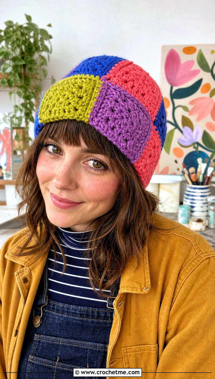 Patchwork Crochet Beanie With Chore Coat And Overalls - 30 crochet fall beanie outfit ideas