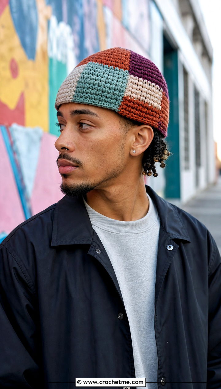 Patchwork Crochet Beanie With Coach Jacket - 25 easy crochet beanie for men outfit ideas