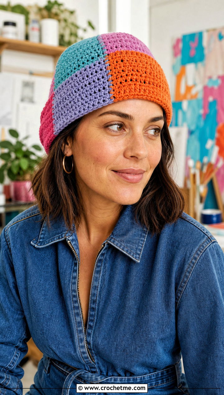 Patchwork Crochet Beanie With Denim Jumpsuit - 35 basic crochet beanie outfit ideas