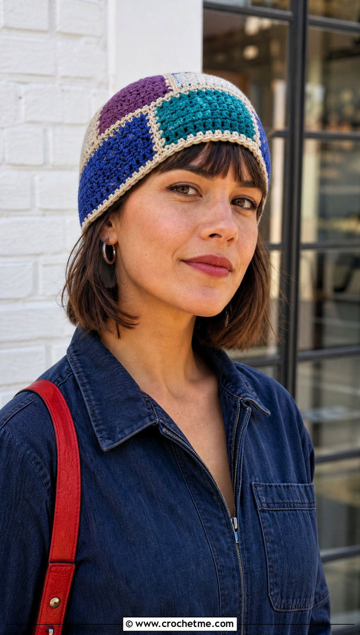Patchwork Crochet Beanie With Denim Jumpsuit - 30 Quick Crochet Beanie outfit ideas