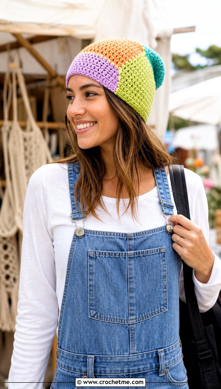 Patchwork Crochet Beanie With Denim Overalls - 20 Fun Crochet Beanie outfit ideas