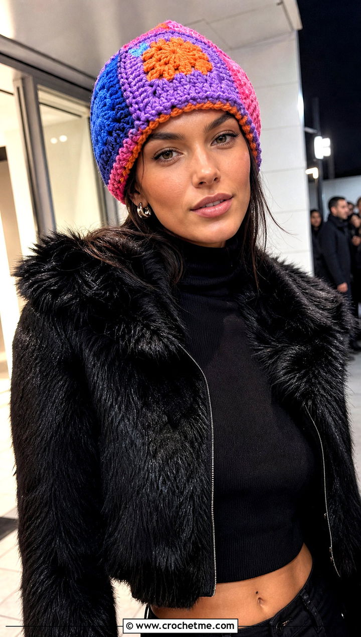 Patchwork Crochet Beanie With Faux Fur Jacket And Black Outfit - 25 Crochet Beanie Size 4 Yarn outfit ideas