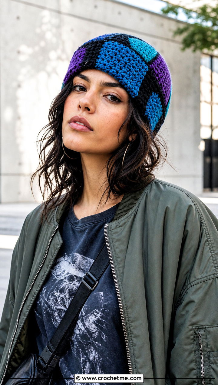 Patchwork Crochet Beanie With Graphic Tee And Cargo Pants - 20 Boho Crochet Beanie outfit ideas