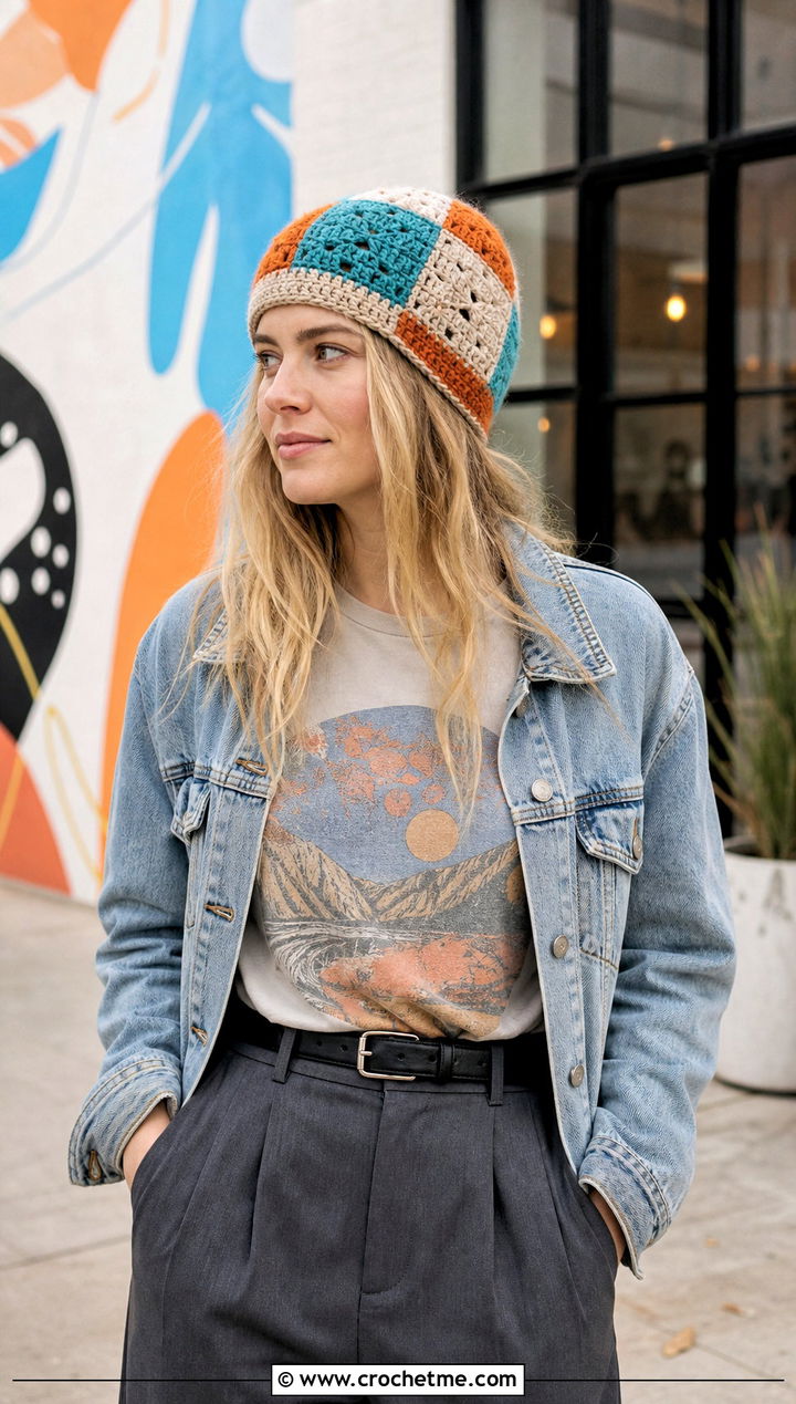 Patchwork Crochet Beanie With Graphic Tee And Pleated Trousers - 15 cool crochet beanie outfit ideas