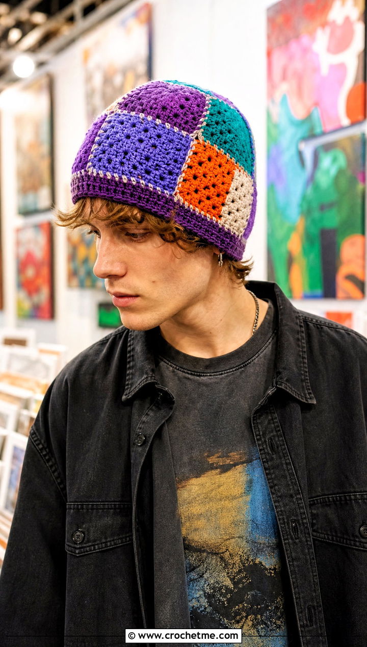 Patchwork Crochet Beanie With Graphic Tee - 30 mens crochet hats men's beanie outfit ideas