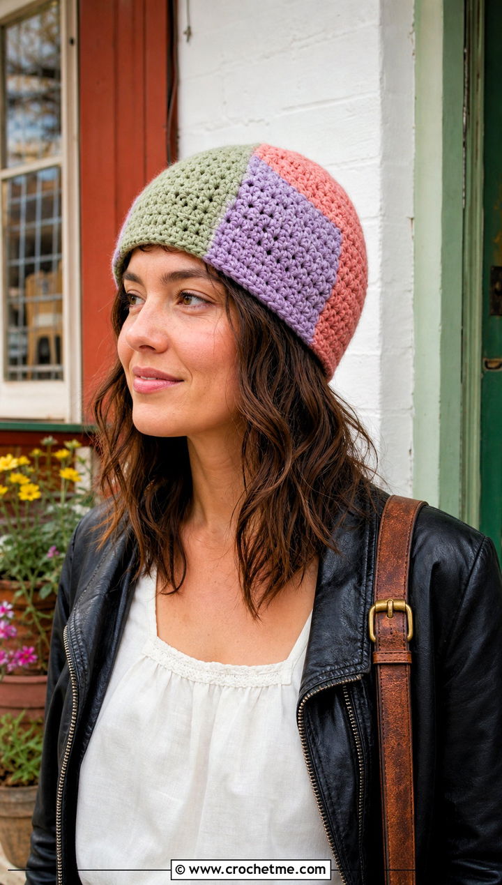 Patchwork Crochet Beanie With Leather Jacket - 25 country cottage crochet beanie outfit ideas