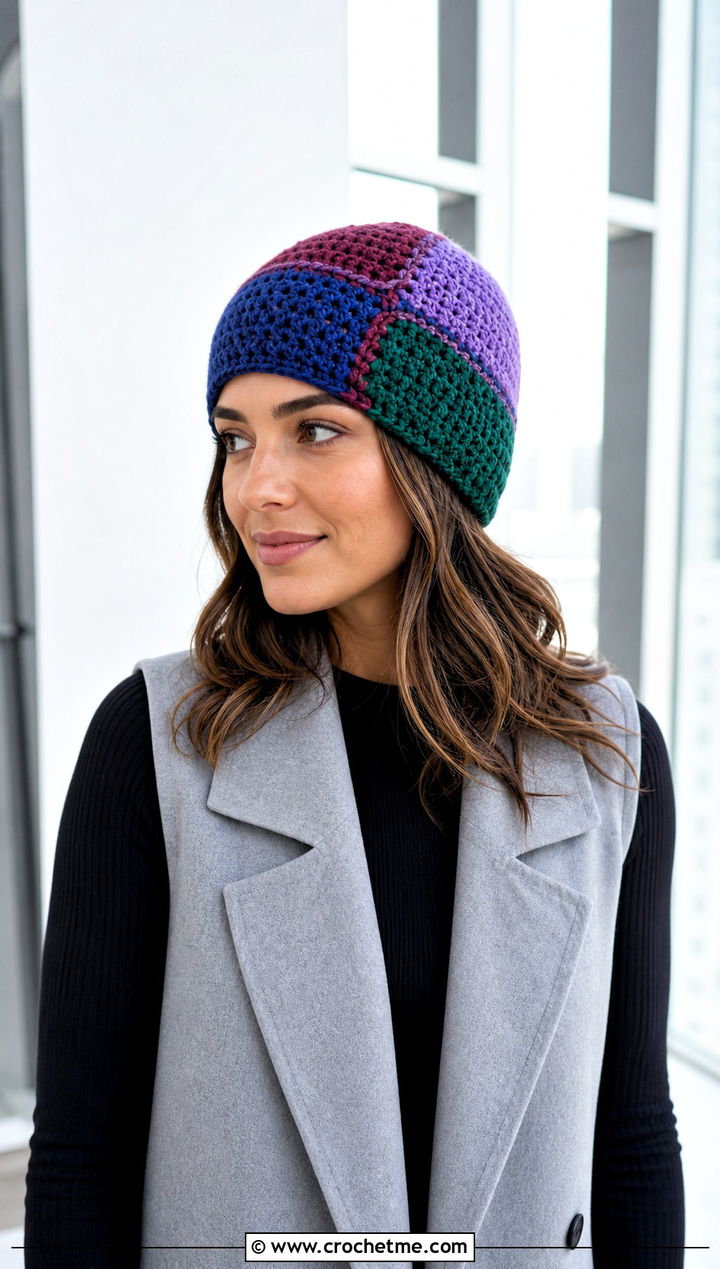 Patchwork Crochet Beanie With Longline Vest - 25 Fall Crochet Beanie outfit ideas