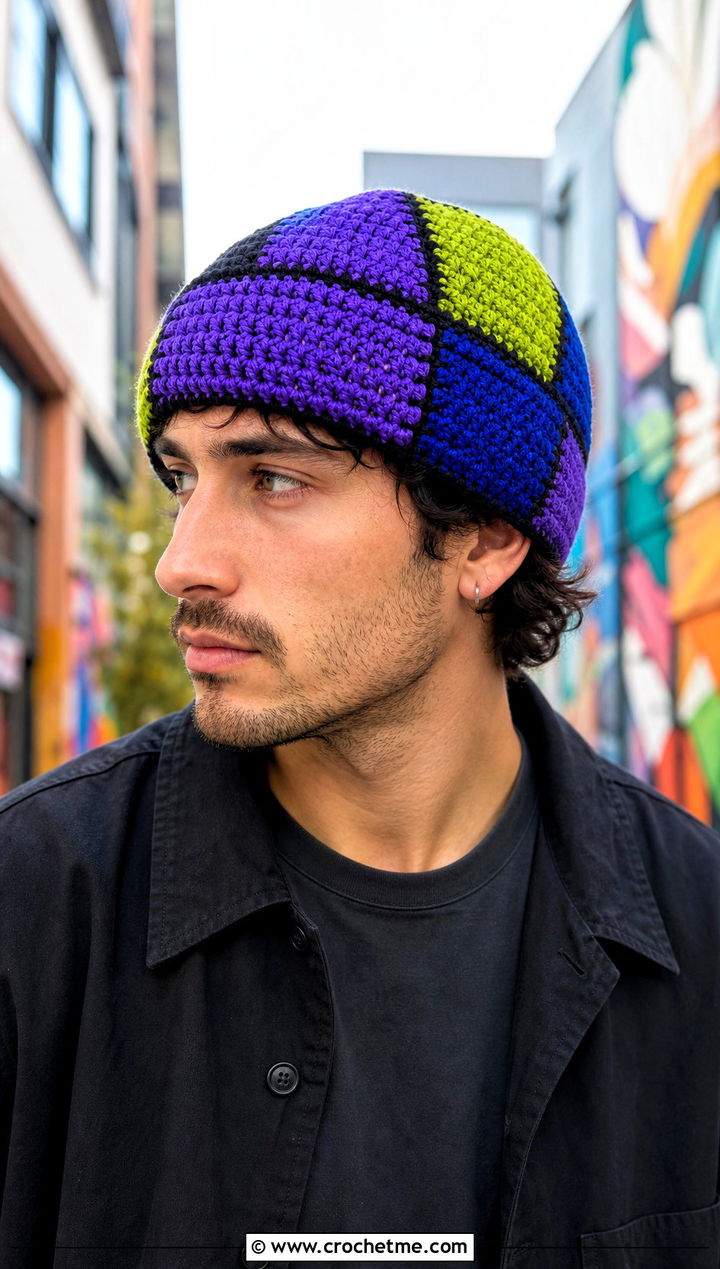 Patchwork Crochet Beanie With Monochrome Outfit - 25 easy men's crochet beanie outfit ideas
