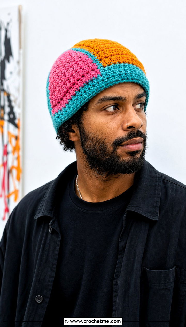 Patchwork Crochet Beanie With Monochrome Outfit - 25 crochet for men's beanies outfit ideas