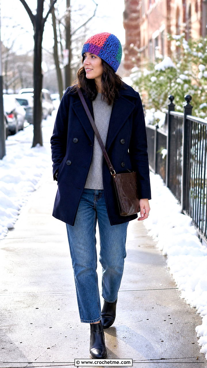 Patchwork Crochet Beanie With Peacoat And Jeans - 35 crochet beanies outfit ideas
