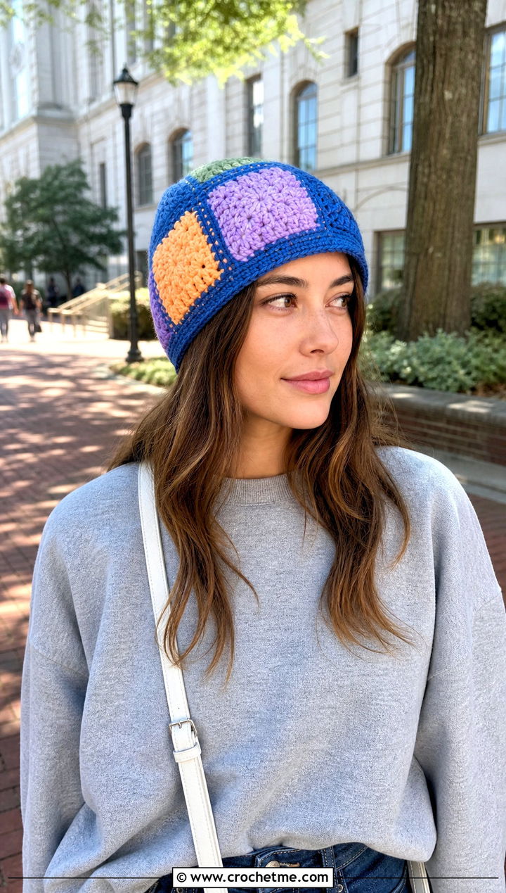 Patchwork Crochet Beanie With Sweatshirt And Denim Midi Skirt - 25 beginner crochet beanie outfit ideas