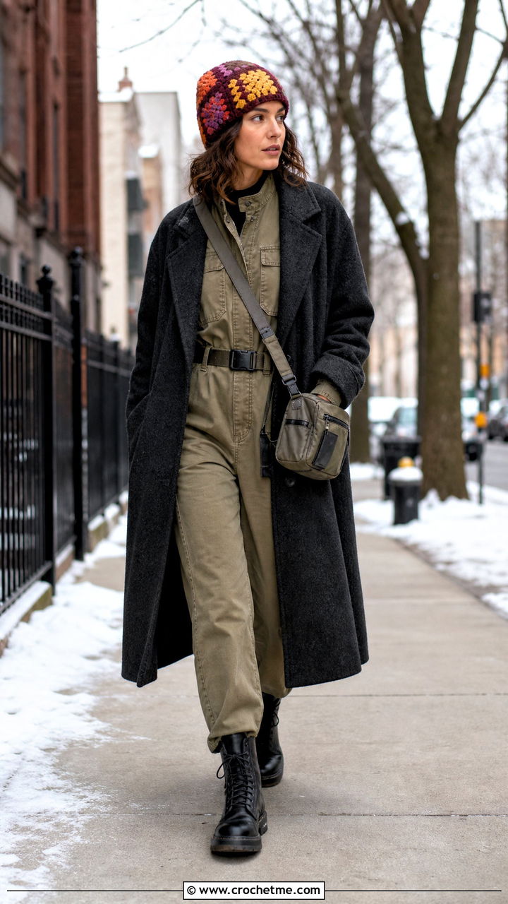 Patchwork Crochet Beanie With Utility Jumpsuit And Long Coat - 35 crochet winter hat outfit ideas