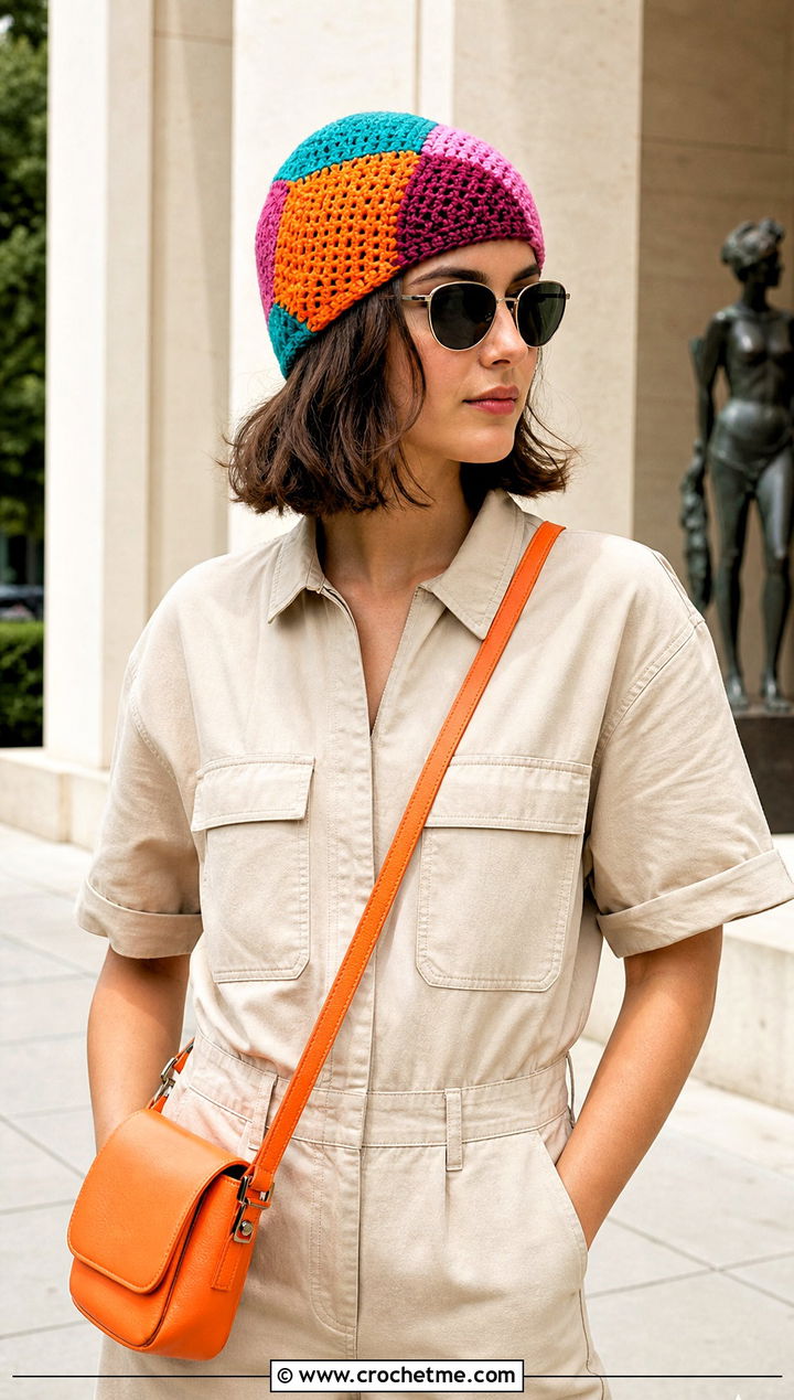 Patchwork Crochet Beanie With Utility Jumpsuit And Sneakers - 30 summer crochet beanie outfit ideas